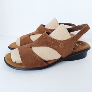 🤎 Life Stride Mercy Brown Leather Sandals Slip-on Womens 6.5 Wedge Heel